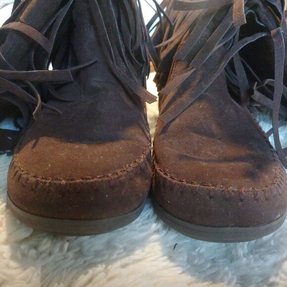 Rampage Brown Hippie Boho Y2K Retro Double Fringe Faux Suede Pull On Boots 8.5 - Picture 4 of 9
